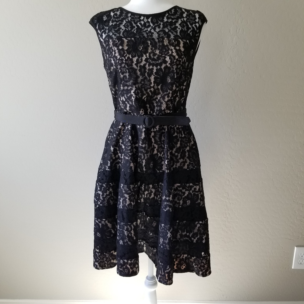 Eliza J Fit and Flare Champagne/Black Lace Dress 8